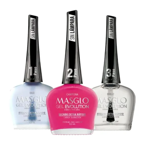 MASGLO Evolution - Esmalte de uñas efecto gel, sin lámpara UV/LED, duración de hasta 12 días, base de 3 piezas, esmalte campeona, brillo