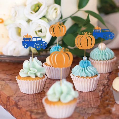 Miniatura 7 de Ercadio Paquete de 24 adornos de calabaza para cupcakes con purpurina de cosecha de otoño, calabaza, cupcakes, decoraciones para calabaza, tema
