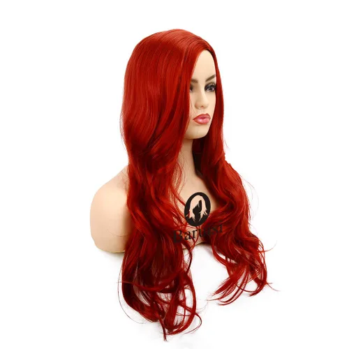 Miniatura 5 de Peluca larga rizada ondulada roja para mujer, raya lateral, aspecto natural, fibra sintética para cosplay, resistente al calor, cabello de reemplazo