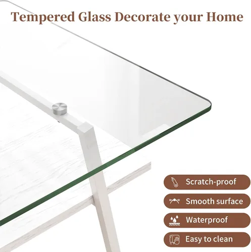 Miniatura 7 de Mesa de centro de cristal para sala de estar, mesa de centro de 2 niveles de mediados de siglo, mesa central con parte superior de vidrio templado