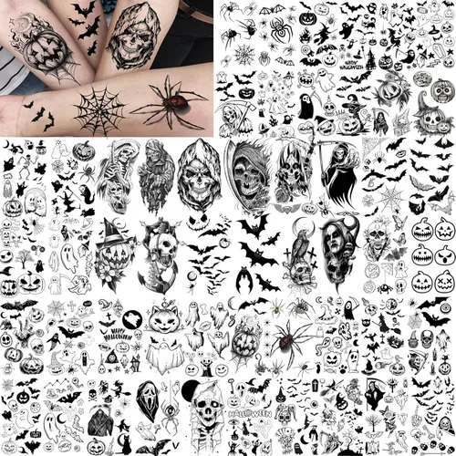 52 hojas de tatuajes temporales de Halloween para niños, niñas, mujeres, hombres, adultos, 3D de cara aterradora, calavera, tatuajes falsos,