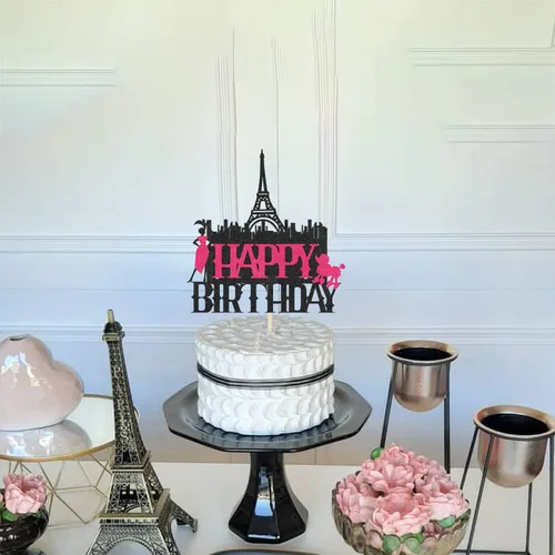 Miniatura 2 de Decoración para tartas de la Torre Eiffel de París de Feliz Cumpleaños para niñas y mujeres