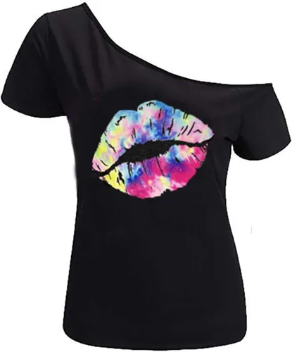 Miniatura 25 de MAGICMK - Camiseta casual para mujer, con estampado de labios y hombro descubierto, talla extragrande