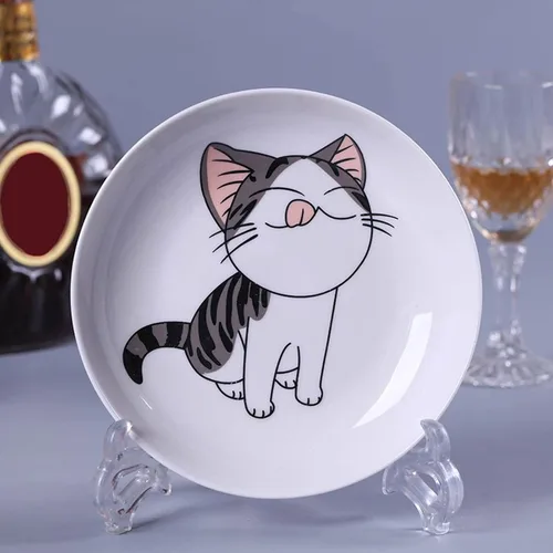 Miniatura 5 de Juego de 5 platos de cerámica con bonito diseño de gato, platos llanos grandes de porcelana para ensalada de postre de 7.28 pulgadas, platos
