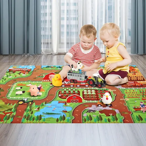 Miniatura 4 de Oriate Transportador de tractor de granja con animales de granja de dibujos animados y tapete de juego, paquete de 6 juguetes rociadores de baño