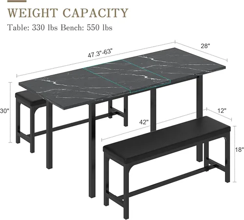 Miniatura 6 de VECELO Mesa de cocina extensible de 3 piezas de 63 pulgadas con bancos/sillas, moderno juego de desayuno/comedor para 4/6/2, diseño de ahorro