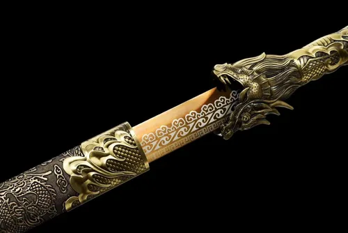 Miniatura 4 de Espada china de la dinastía Tang Dao de acero al carbono, hoja recta afilada, katana con patrón de dragón, funda Dorado