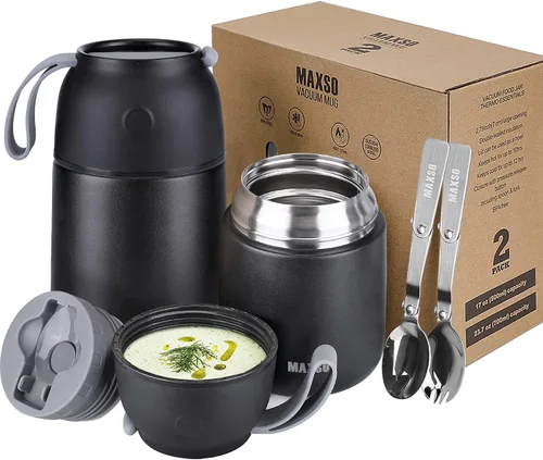 Miniatura 8 de MAXSO Paquete de 2 termos de sopa para alimentos fríos y calientes para niños y adultos, frascos de alimentos aislados al vacío, recipientes