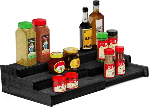 Miniatura 8 de VenDotbi Estante para especias, organizador de especias de bambú expandible de 3 niveles para gabinetes, cocina, despensa y armario, color negro