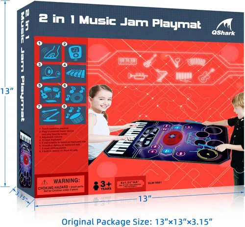 Miniatura 7 de Juguetes de aprendizaje musical 2 en 1 para niños y niñas, juego de batería + alfombrilla de piano Grabación y reproducción, canciones