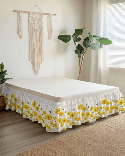Miniatura 10 de Falda de cama floral amarilla, tamaño King de 16 pulgadas de caída, ajustable y elástica, plisada, con volantes de polvo de lujo para cama