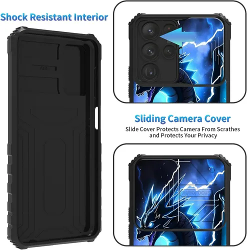 Miniatura 424 de Funda para Samsung Galaxy S22 Ultra 5G, Galaxy S22 Ultra con cubierta de cámara deslizante, funda resistente de doble capa con función atril Black