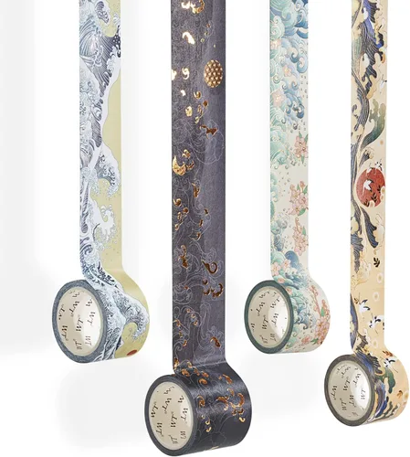 WT Waves of Rebun - Juego de cinta washi, 4 rollos, lámina dorada, cinta de enmascarar decorativa, suministros para planificador Bujo, cinta para