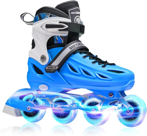 METROLLER Patines en línea para niñas y niños, mujeres, hombres, 4 tallas ajustables, patines en línea con ruedas que se iluminan, patines Azul