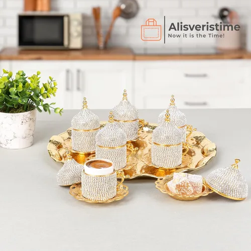 Miniatura 2 de Alisveristime Juego de café turco adornado con cristal, 27 piezas, tazas decorativas de Zamac para espresso, platillos y azucarero con bandeja