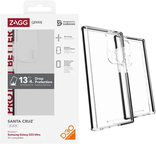 ZAGG Gear4 Santa Cruz Samsung Galaxy S23 Ultra - Funda para teléfono, protección contra caídas D30 de hasta 13 pies / 13.1 ft, funda transparente