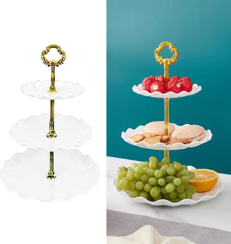 Miniatura 10 de Bandeja de plástico para platos de frutas de 3 capas, soporte para cupcakes, postres, para bodas, fiestas de té, cumpleaños, graduación, ducha