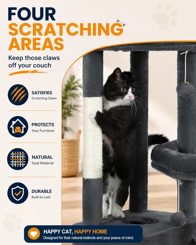 Miniatura 4 de Torre de árbol para gatos de varios niveles para gatos de interior, torre de escalada XL de 67 pulgadas de alto con 3 plataformas grandes, postes