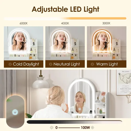 Miniatura 3 de Vanity, pequeño escritorio de tocador con espejo y luces, espacio de almacenamiento con estante lateral, tocador compacto para niñas