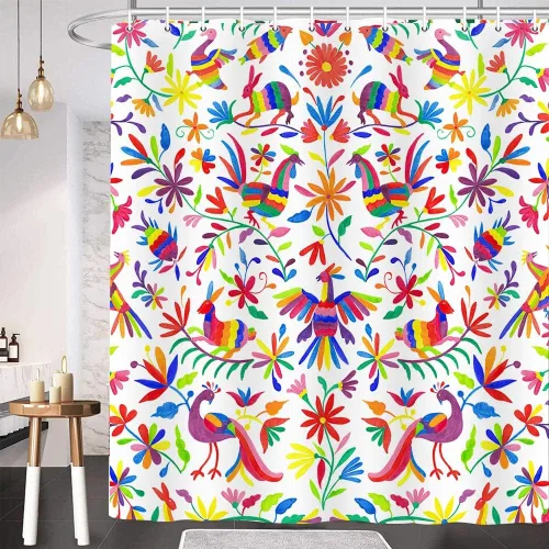 Miniatura 5 de Cortina de ducha con diseño floral de México, para baño, estilo tradicional mexicano Bluebird Otomi, diseño brillante, tela de cachemira, tela