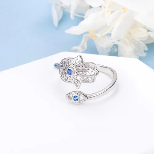 Miniatura 2 de Hamsa Hand of Fatima Lotus Evil EyeLove HeartButterflyRose Spoon Adjustable Open Rings 925 Sterling Silver Statement Ring Jewelry Gifts for Women