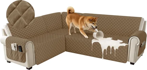 Miniatura 28 de Fundas impermeables para sofá seccional de esquina en forma de L, de terciopelo, juego de 6 piezas, funda en forma de U para sofá, para perros