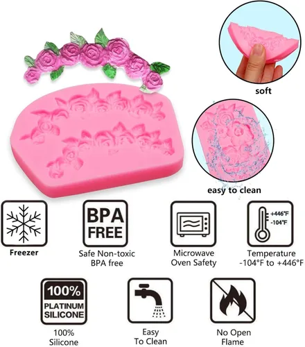 Miniatura 3 de Moldes de silicona para chocolate, 4 paquetes de rosas con hojas, guirnalda de moldes de chocolate para decoración de pasteles, decoración