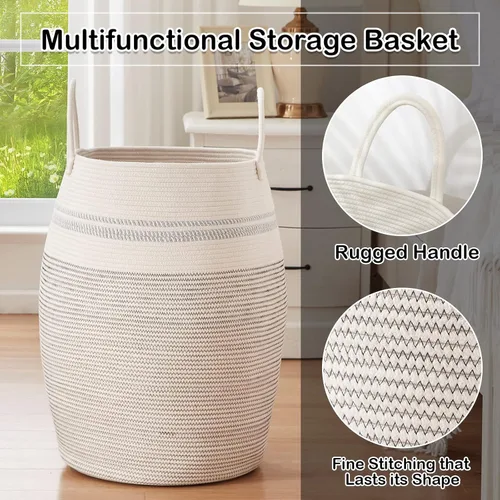 Miniatura 4 de OIAHOMY Cesta para ropa sucia tejida de cuerda de algodón, canasto grande para ropa con asas de algodón extendidas para almacenamiento de ropa