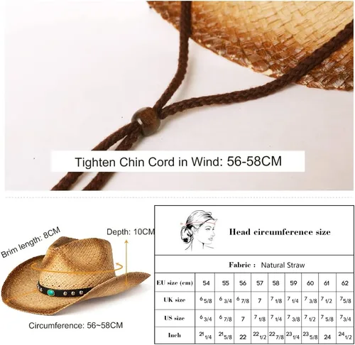 Miniatura 18 de Comhats Sombrero de paja de vaquero redondo de estilo occidental para mujer, cordón de barbilla Fedora de cuero vegano, ala moldeable, vaquera