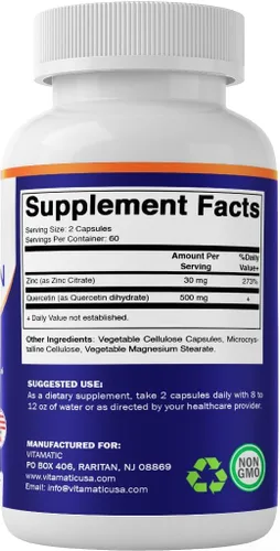 Miniatura 8 de Vitamatic Quercetina de zinc - 120 cápsulas vegetarianas - Citrato Zic 30 mg y quercetina 500 mg por porción - Apoyo inmunológico