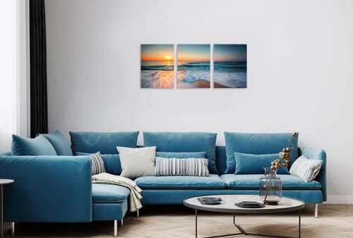 Miniatura 4 de TutuBeer 3 paneles de fotos de playa, arte de pared, diseño de mar azul, playa blanca al amanecer, imágenes impresas en lienzo, imágenes del océano