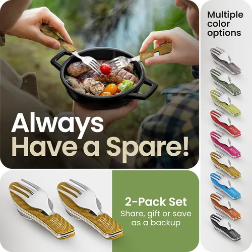 Miniatura 6 de Orblue Utensilios de comida 4 en 1, paquete de 2 – Cuchara portátil, tenedor, cuchillo y abridor de botellas – Cubiertos de acero inoxidable