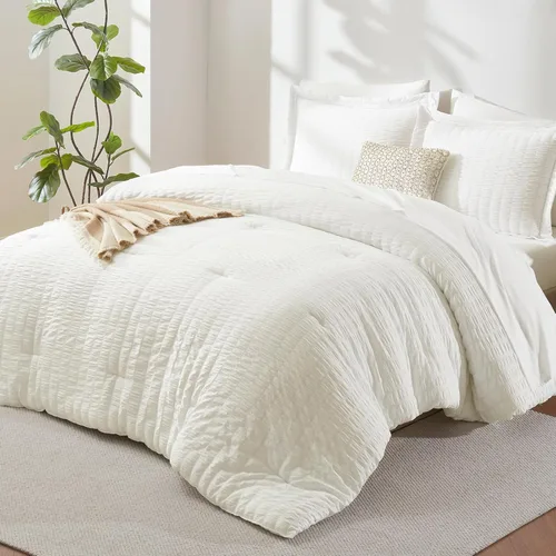 Miniatura 47 de CozyLux Juego de ropa de cama con edredón tamaño King Beige Seersucker de 7 piezas, juego de cama en una bolsa, con edredón, sábanas, fundas