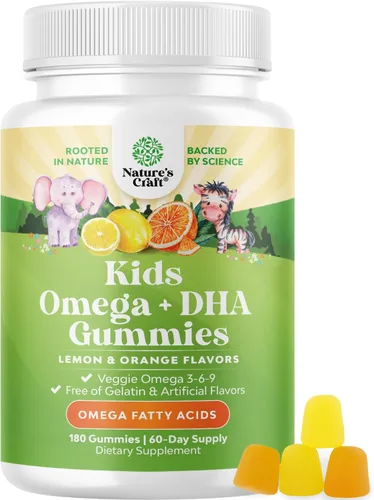 Gomitas Omega DHA para niños, ácidos grasos Omega 3, 6, 9 con vitamina C para el cerebro, inmunidad y visión, DHA nutricional para niños para un