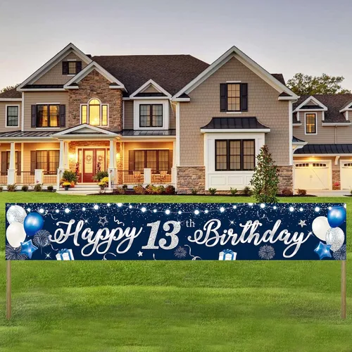 Miniatura 3 de Domgoge Cartel de decoración de feliz cumpleaños número 13, grande, azul y plateado, cartel de feliz cumpleaños de 13 años, suministros
