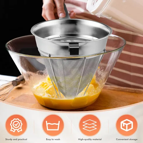 Miniatura 4 de Nuogo Juego de 2 coladores chinos de acero inoxidable de malla fina de metal para caldo de alimentos, colador de malla fina con mango y espátula