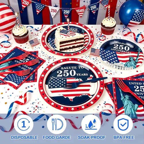 Miniatura 4 de 120 platos y servilletas del 4 de julio, suministros de fiesta de aniversario del 250 para 24 invitados, platos de papel patrióticos desechables