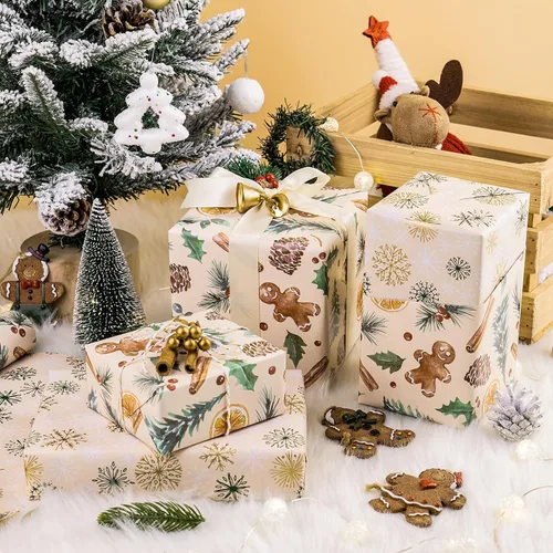 Miniatura 4 de RUSPEPA Reversible Christmas Wrapping Paper Roll, Mini Roll, Gingerbread Pinecone and Snowflake Design Gift Wrap for Christmas Presents, Winter