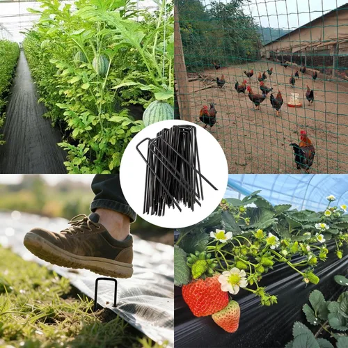 Miniatura 6 de Paquete de 30 grapas galvanizadas verdes de 4 pulgadas, calibre 11, en forma de U, antioxidantes, estacas de jardín para barrera de malezas, tubos