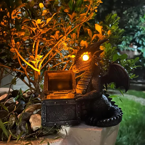 Miniatura 11 de Estatua de Dragón de Jardín con Energía Solar Figura Luminosa para Exteriores Decoración Linda que Sostiene Bola de Cristal Brillante Escultura