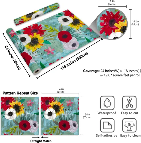 Miniatura 2 de CRE8TIVE Papel tapiz floral floreciente de 24 x 118 pulgadas, papel tapiz azul para despegar y pegar, papel de contacto con flores rojas, blancas