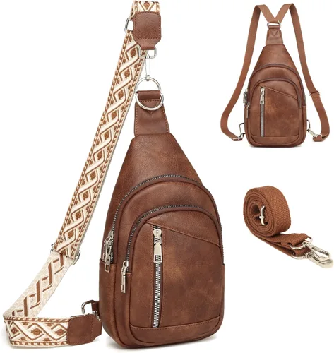 Miniatura 15 de Bolso Bandolera Mochila Cruzada - 2 en 1 Bolso Cruzado de Cuero Riñonera con 2 Correas Extraíbles Mini diaper bag Café