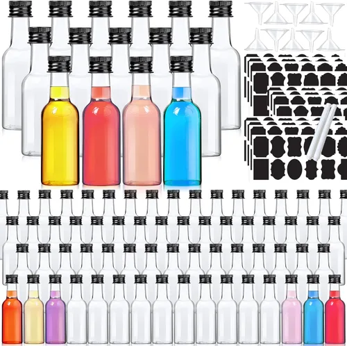 YZXODN Paquete de 120 mini botellas de licor de 2 onzas, botellas de alcohol de plástico con etiquetas, botella hermética con tapas, botella de