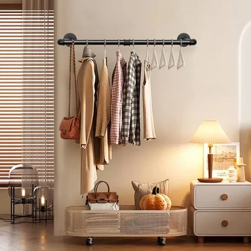Miniatura 8 de Barra industrial de hierro para colgar ropa, para montar en la pared, perchero resistente para dormitorio, cuarto de lavado, almacenamiento de Negro