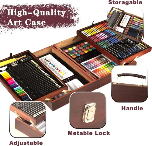 Miniatura 6 de KINSPORY Juego de 168 piezas de suministros de arte, set de arte de madera de lujo, kit de dibujo, pintura y colorear, 3 paquetes de blocs de Beige