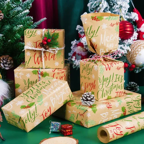 Miniatura 4 de Rollo de papel de regalo de Navidad, rollo de papel kraft vintage, 17 pulgadas x 49 pies, copos de nieve, hojas/bayas de acebo, papel de regalo