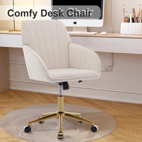 Miniatura 9 de Silla de tocador de terciopelo con ruedas, silla giratoria de maquillaje de altura ajustable, silla de escritorio pequeña sin brazos para Blanco-2