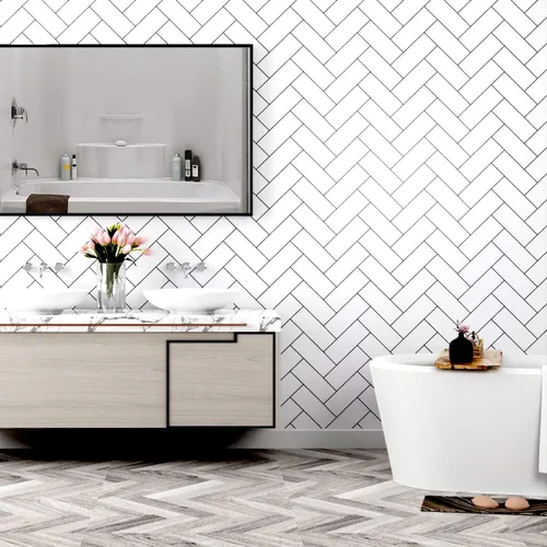 Miniatura 4 de Papel tapiz geométrico de espiga para despegar y pegar, papel tapiz moderno, papel tapiz geométrico en blanco y negro con ladrillo de espiga