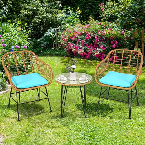 Miniatura 4 de Tangkula Juego de 3 piezas de patio bistró, juego de conversación de ratán con 2 sillones acolchados y mesa de centro redonda de cristal, juego