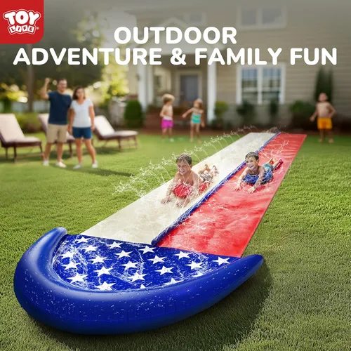 Miniatura 7 de TOY Life Toboganes acuáticos gigantes de bandera estadounidense para niños, tobogán acuático de 20 pies, patio trasero con 2 tablas de bodyboard, 2